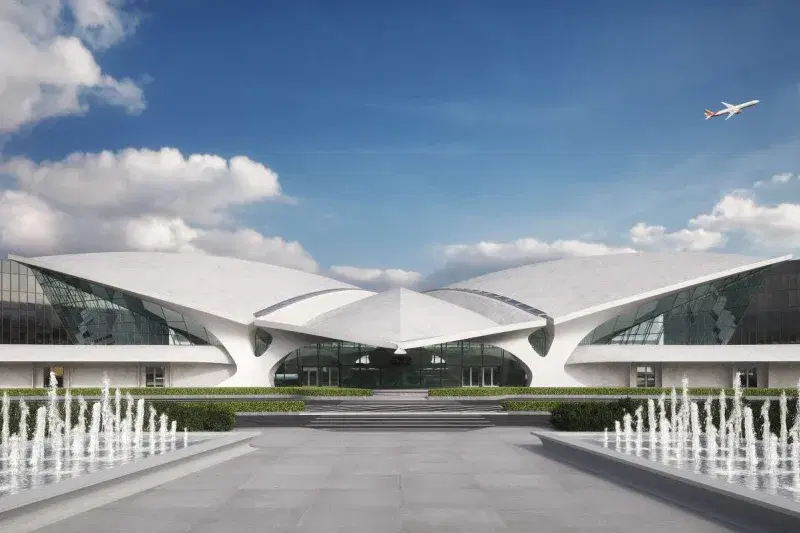 Exterior of TWA Hotel, the only on-airport hotel at New York's JFK International Airport, in Queens